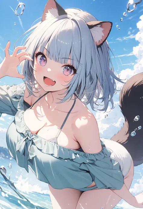 (best quarity,ultra detailed,ultra-high-resolution, absolutely resolution,8k, masterpiece),anime,(pale colors:1.8),long shot, 1girl, solo, cat mouth, dynamic angle, OK sign, smirk, opened mouth, fang, blue hair, bobcut, straight hair, racoon ears, racoon t...