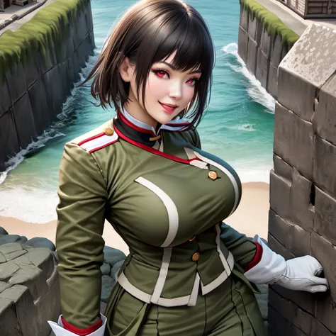 A woman wearing Imperial Japanese Drill uniform, moss green camouflage, moss green pants, black boots, Imperial Japanese Drill hat, black hair, short hair, red eyes, big breasts, white gloves, smiling, postured standing in a fortress near a beach, overlook...