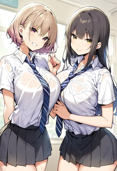 masterpiece, Highest quality, High resolution, ＪＫ,((Two Girls,)),View your viewers, , smile、stand.side angle shot,see-through collared shirts, white shirts, short sleeve, tie, blue stripe tie, school, short skirt, dark grey skirt ,glamorous,wet,wet