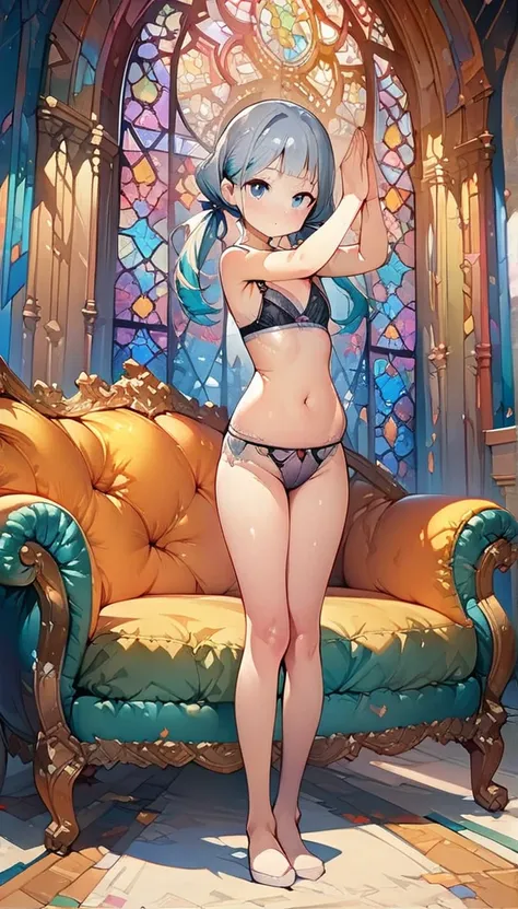 (masterpiece:1.8),(Highest quality:1.8),(Very detailed:1.8),(8k:1.8),(Ultra-fine Illustration:1.5),,,Straight low twintail,Flat Chest,Small Ass,(High-grade metallic silver,,lingerie:1.4),(Prayer Pose:1.5),Vintage sofa,,(Full body angle), Stained glass, Rai...