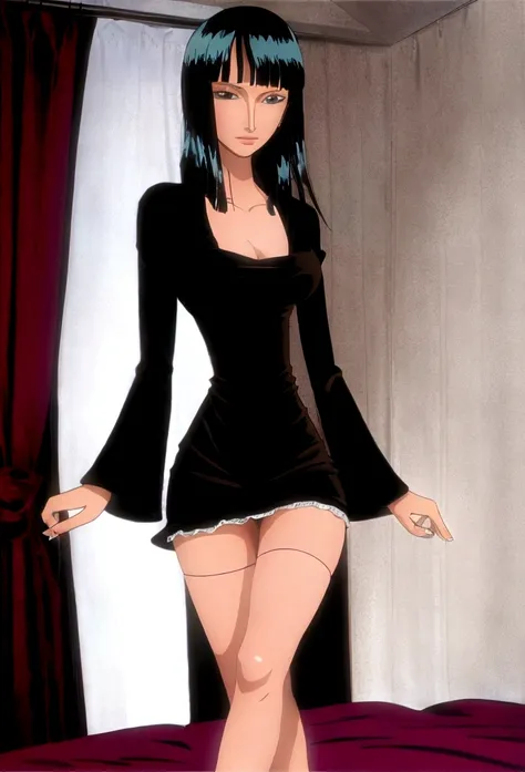 Nico Robin, short tight black nightgown, beautiful legs, perfect body, big breasts, small waist, Wide hips. Web Stockings. to become night. bedroom