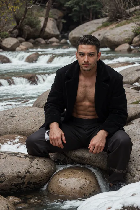 real image of a handsome turkish man model 30 years old without shirt, with a black fur coat, tailor wearing white pants sitting...