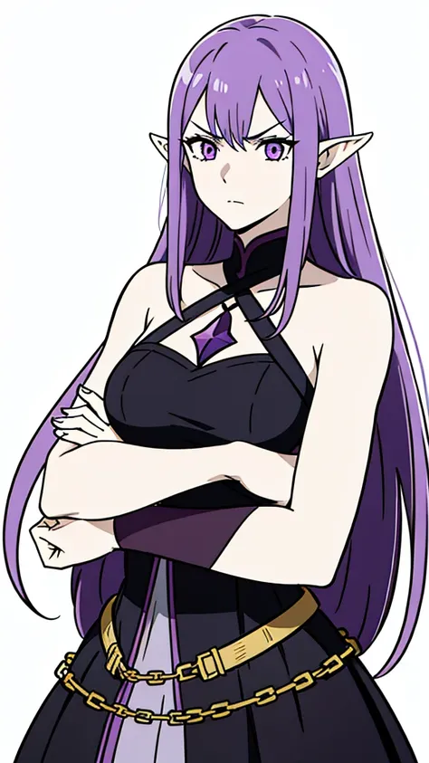 (1girl,30 years old,mature female),pointy ears,purple eyes,purple hair,long hair,angry,black dress,crossed arms,looking away(white background,line drawing),upper body