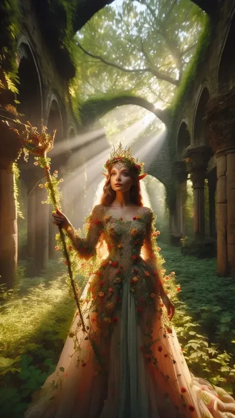 In a dappled, ancient forest ruin, an Elf Princess stands tall, her scepter raised high as beams of warm sunlight filter through the trees, casting a golden halo around her regalness. Her beautiful summer wear, enchanted clothing shimmers in the soft light...