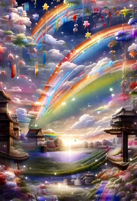 (((Japanese countryside landscape illustration))), ((Tanabata))、((Port town、Inland Sea)), rainbow、Night Sky、Candy Country、Twinkling stars、Dreamy atmosphere、Fluffy Clouds、star island、Beautiful Landscape