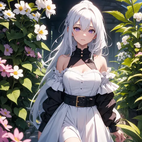 Girl, white hair ponytail, purple eyes, white light dress, flower garden, taking pictures of flower