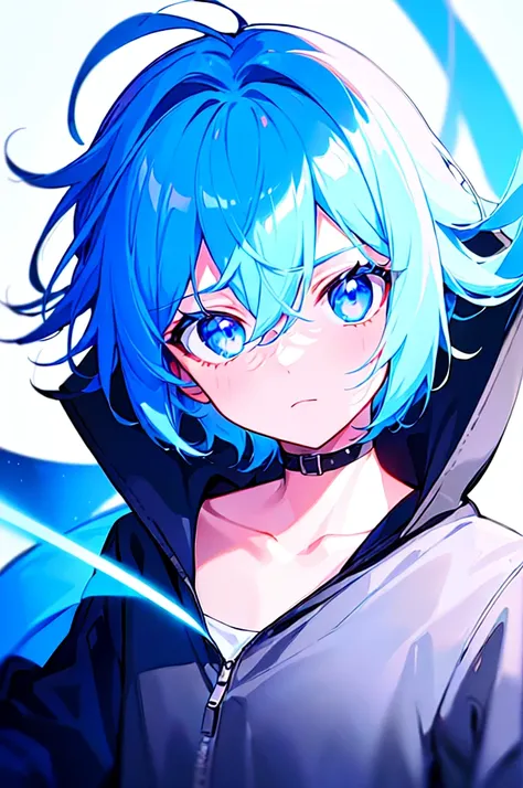 [(WHITE BACKGROUND:1.5),::5], ((((masterpiece)))), high quality, ultra very high resolution, full color, (((solo))), ((little boy)), oriental Blue hair, (oriental blue eyes), anime, ((upper body)), neon light, black parka, 