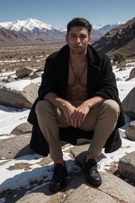 Real image of a handsome Turkish man model 30 years old with short beard and short black hair, shirtless, with a black fur coat, tailor wearing white pants sitting on a rock, looking seriously at the camera, arid mountainous and snowy area. Landscape of Me...