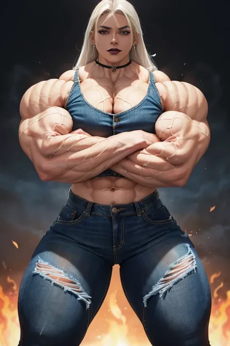 ((((Massive, beautiful, buff, light brown skinned muscular woman with white hair, black lipstick, ginormous bulky muscles crossed arms and wearing a denim jacket and a tight denim pants)))), (close view), massive muscles, hyper muscles, (long straight hair...