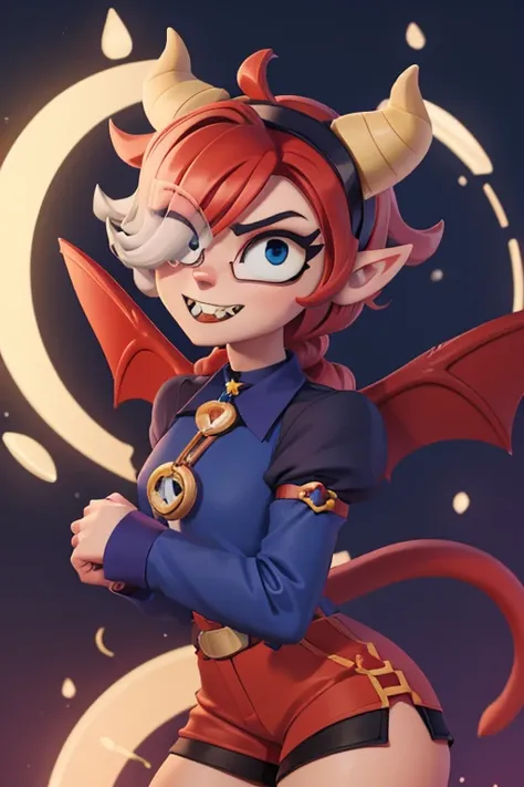 surreal beautiful cat elf, detailed red hair, face detailed, big demon horns, futuristic glasses on the right eye, fully body, b...