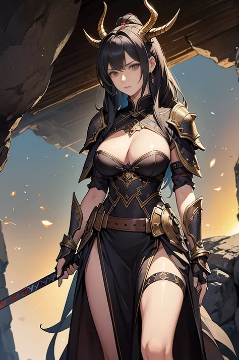 best quality, official art, masterpiece, textile shading, HDR, very detailed, colorful, best details, fantasy, battle armor,1 female, 25 years old, Multiple horny bandits,Anxious and frightened expression, standing on stairs,Inside the cave,Dim brightness,...