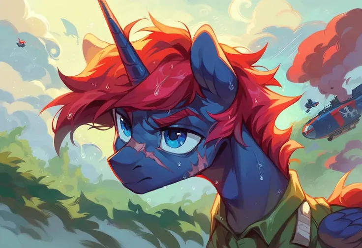 Male alicorn pony, black fur, long red hair, deep blue eyes, red feathers on wings, scar over left eye, red striping, vietnam-era helicopter pilot uniform, boonie hat, in a swamp, explosion in background, raining, wet hair, thousand-yard stare, close-up po...