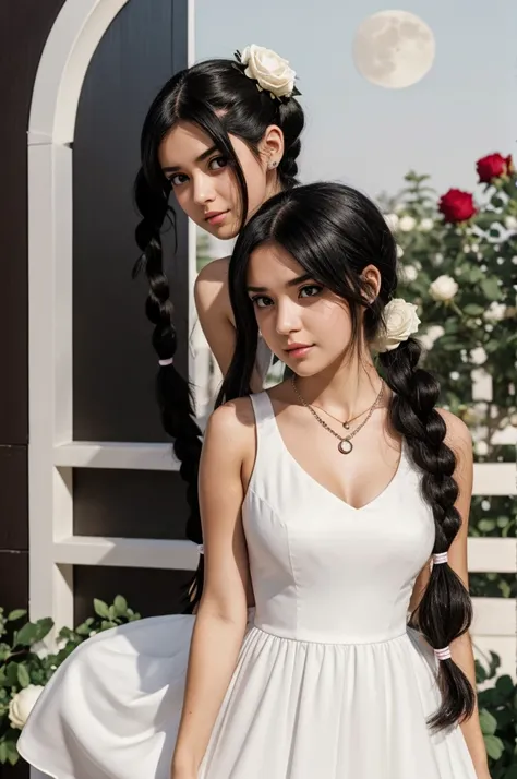 Large busted light brunette girl wearing a white dress with roses and a moon necklace, long black hair styled with two low pigtails. My hero academia style 