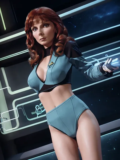 Beverly Crusher, 1girl, sci-fi bikini, blinking lights, neon highlights, glamour shoot, 1950s sci-fi set, big clunky computers, big soft beds, high quality, 8k, hyper detailed, masterpiece, photorealistic, dark sci-fi, moody lighting, vibrant colors