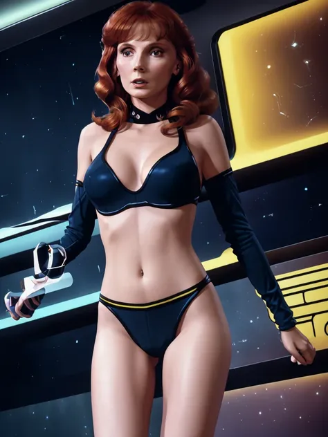 Beverly Crusher, 1girl, sci-fi bikini, blinking lights, neon highlights, glamour shoot, 1950s sci-fi set, big clunky computers, big soft beds, high quality, 8k, hyper detailed, masterpiece, photorealistic, dark sci-fi, moody lighting, vibrant colors