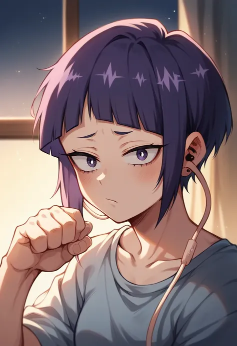 Kyoka Jiro from My Hero Academia waiting in her room at night. Purple hair with asymmetrical bangs, earphone jack earlobes. Dim moonlight through window. Cozy bedroom. Thoughtful expression, eyes open. Casual sleepwear. Waiting pose. Warm, intimate atmosph...