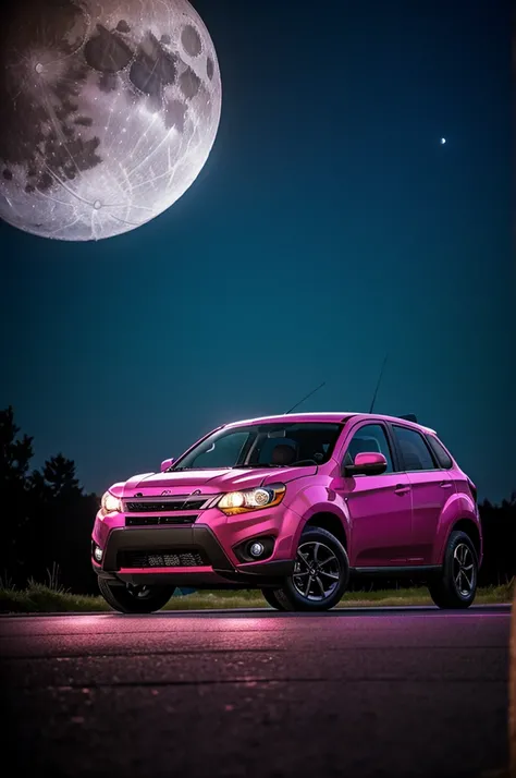 retrowave image, synthwave, the outlander sport 2015, with a man watching the moon, by  