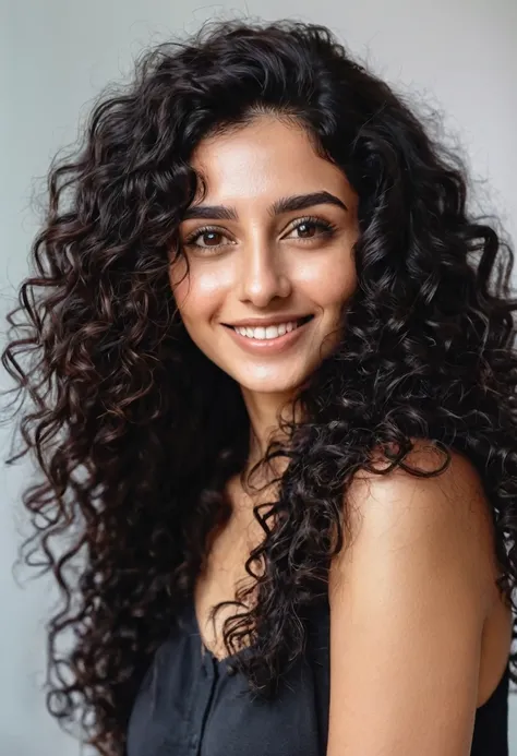 realistic portrait photo of beautiful woman with long black curly hair, hair roots slightly faded, Indian, influencer, shy smile, brown eyes, no makeup, instagram 