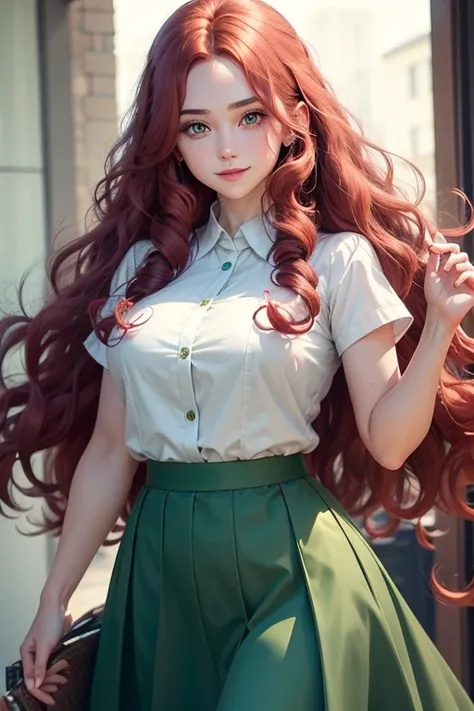 White human with voluminous red wavy hair, cheerful look with purple eyes,  wearing a long dark green skirt and a short dark green shirt 