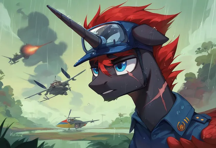 Male alicorn pony, black fur, long red hair, deep blue eyes, red feathers on wings, scar over left eye, red striping, vietnam-era helicopter pilot uniform, boonie hat, in a swamp, explosion in background, raining, wet hair, thousand-yard stare, close-up po...