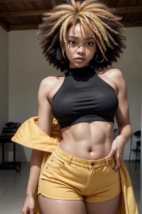 "A black woman is standing in a room with a big afro., very full and big, dyed blonde. She is wearing bra and streetwear shorts, showing off a slim waist and proportionate hips, plus a toned belly. Your skin is clear and tanned, complementing your sexy sty...