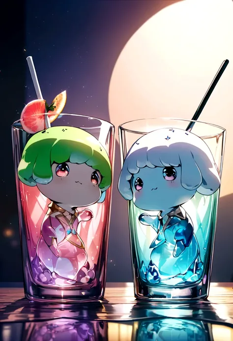 Glass puppy, clear, uneven, cream melon soda in glass, with straw, excellent image quality