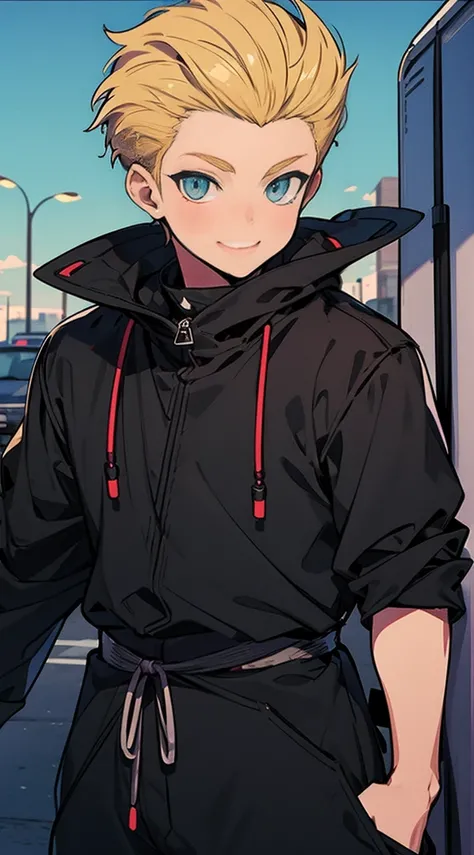 Truck, blonde, pompadour, black ninja costume, boy, smile 