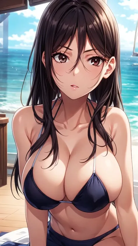 (Upper Body),alone,Medium Shot,Outdoor,(Sandy Beach,Ocean:1.3),masterpiece,Portraiture, 8K,Realistic, Elegant mature woman, Brown eyes,(14 years old:1.4),(Black Hair:1.4), smile,Big Breasts,(Bikini Swimwear:1.4),Straight long hair, Beautiful breasts,(See-t...