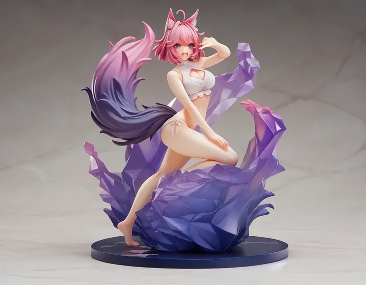 best quality,ultra detailed,extremely detailed and beautiful,perfect anatomy,perfect hands,full body,(hakui koyori)+++,wolf girl, wolf ears,wolf tail,purple eyes, breasts,pink hair,antenna hair,fang,(short hair)+++++,(white bikini)+++,cleavage cutout,midri...