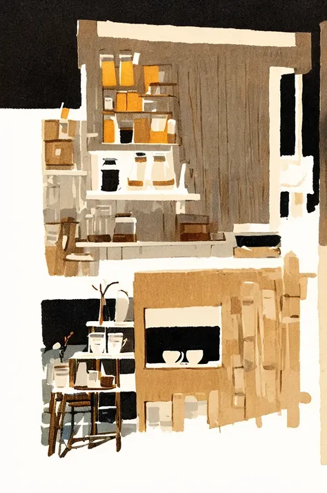 Illustrations: simple lines, wood print style, coffee, expresso, white coffee shop atmosphere.