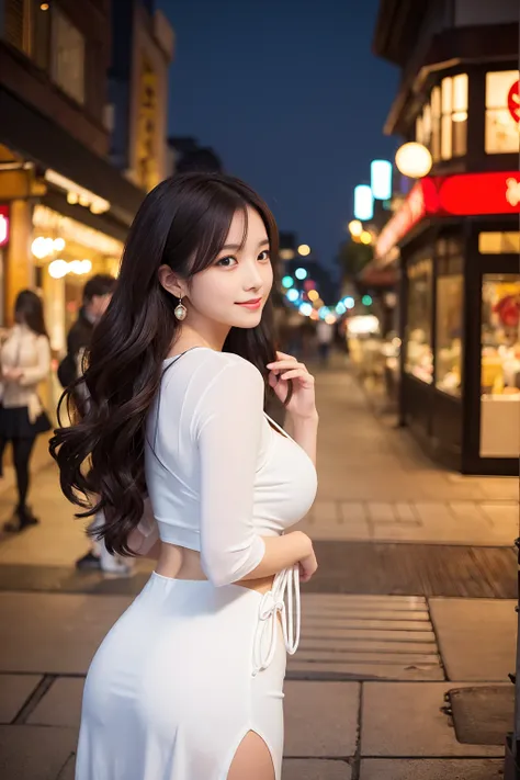 「Beautiful Japanese woman in her early 20s。Long, lightly wavy black hair style。A kind smile。She is wearing a tight white dress、A fitted top that accentuates large breasts、A tight skirt that accentuates the thighs and buttocks。Wear a thin white cardigan、She...