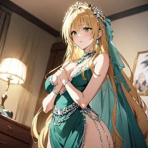 ((Highest quality)), ((masterpiece)), (detailed), （Perfect Face）、The woman is Tiare, has green eyes, medium-long blonde hair, and is wearing an engagement ring.、The woman is wearing a gorgeous, dazzlingly jeweled Victorian dress, a gorgeous see-through cap...