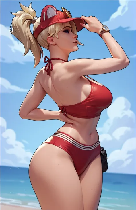 score_9,score_8_up,score_7_up,score_6_up ,source_overwatch score_9, score_8_up, score_7_up,  1woman, solo, mercy (overwatch), high quality, at beach, red swim bikini, red cappy, baywatch