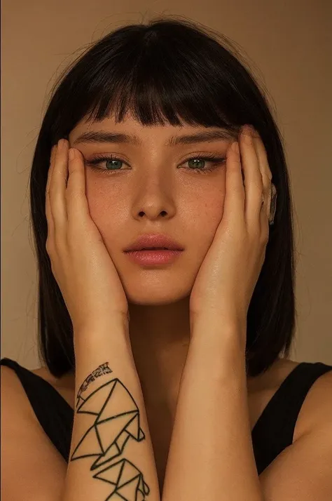 Teenage girl with clean pale skin and silky soft black hair, with small pink lips and a small, thin potato nose and light green eyes , taking a photo looking at the camera with both hands close to the eye and with a black outline and good quality 