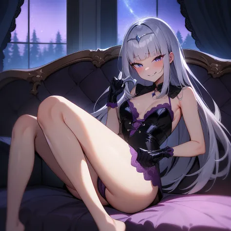 (masterpiece),(best quality),very aesthetic,(ultra-detailed),nsfw,1girl,16yo,slender,long hair,silver hair,straight hair,(blunt bangs),dark blue alluring eyes,comfortable,smirk,toroga,naughty face,(fusion of Jail girl jailer style costume and elegant toxic...