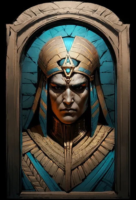 a portrait of an angry, God of Egypt, complex outfit, realistic epic, set, Aesthetics, cinematic, insane details, hyperdetailed, dimmed colors, subdued colors, grainy film, slate, access, frightful, vignette, tomb inside, sketch, rutkowski art,