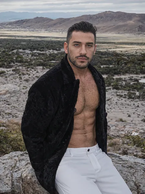 Real image of a handsome Turkish man model 30 years old with short beard and short black hair, shirtless, with a black fur coat, tailor wearing white pants sitting on a rock, looking seriously at the camera, arid mountainous and snowy area. Landscape of Me...