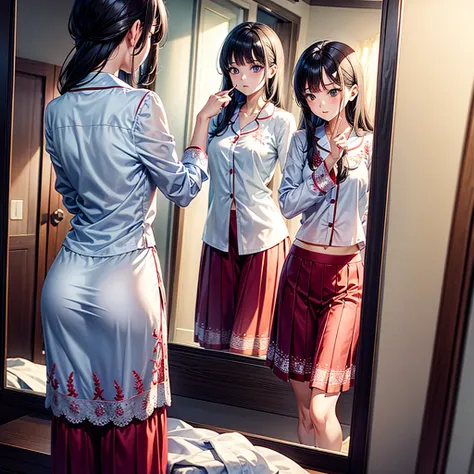 One wearing beautiful pajamas with an embroidered skirt, she finds herself looking in the mirror seeing how slender her body is. 