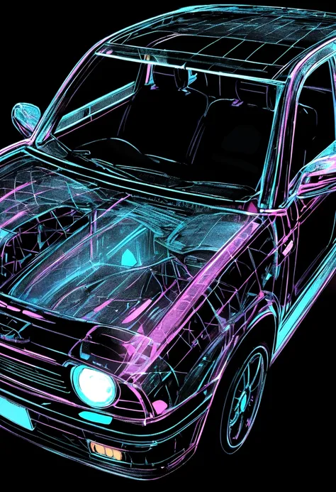 glowing translucent holographic wireframe of a car, black background
