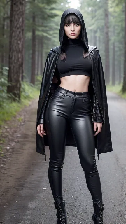 Image of a 20 year old gothic girl (standing_stop) full body(that can be seen from head to toe), blue hair (with bangs combed to the right and short in a bright and strong blue tone), Perfect face, pale skin, Masterpiece, GOOD, Leather Clothes (navel that ...