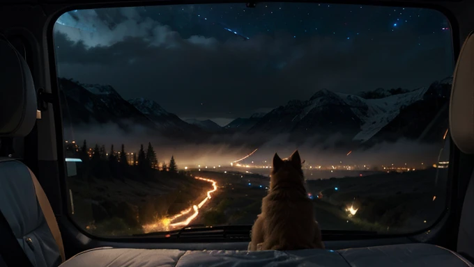 best quality, masterpiece, wide angle image of girl traveling with the cute dog, taken from inside the SUV car through the back of the car looking out at the out side campfire  to see the attracted foggy valley, 4K, UHD, super realistic , attracted night l...