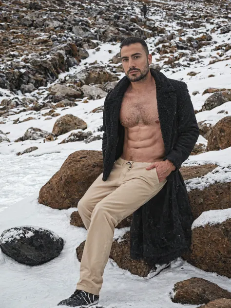 Real image of a handsome Turkish man model 30 years old with short beard and short black hair, shirtless, with a black fur coat, tailor wearing white pants sitting on a rock, looking seriously at the camera, arid mountainous and snowy area. A stream with s...