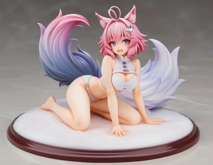 best quality,ultra detailed,extremely detailed and beautiful,perfect anatomy,perfect hands,full body,(hakui koyori:1.4),wolf girl, wolf ears,wolf tail,purple eyes, breasts,pink hair,antenna hair,fang,(short hair)+++++,Benzene ring hair ornament,(white biki...