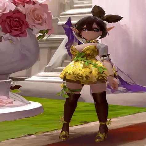 masterpiece:1.2, best quality, detailed and beautiful, a close up of a person in a dress and a vase with flowers, fantasy outfit, wearing gilded ribes, alluring mesmer woman, wearing fantasy formal clothing, succubus in tight short dress, exotic fey featur...