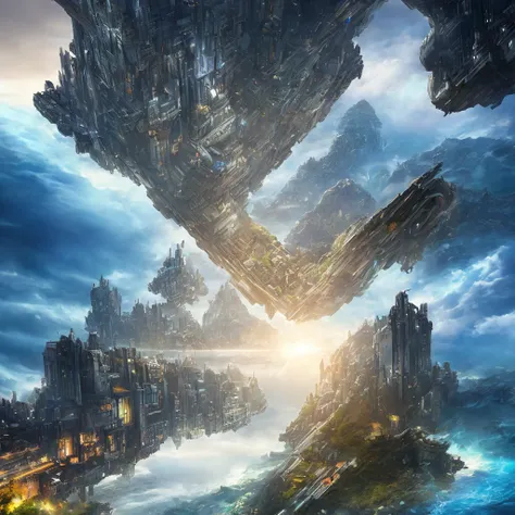 A huge fantastical sci-fi city, aether city, floating aerial metropolis,Skyscrapers、Daytime，Huge construction，Super huge waterfall，Super huge temple，Super huge torii，mysterious，Fantasy， towering skyscrapers, massive waterfall, celestial planets in the sky,...