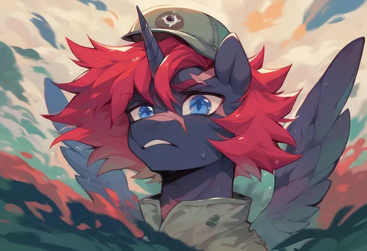 Male alicorn pony, black fur, long red hair, deep blue eyes, red feathers on wings, scar over left eye, red striping, vietnam-era helicopter pilot uniform, boonie hat, in a swamp, explosion in background, sweating, close-up portrait 