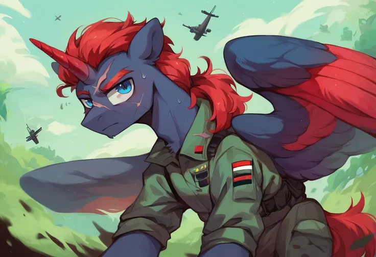 Male alicorn pony, black fur, long red hair, deep blue eyes, red feathers on wings, scar over left eye, red striping, vietnam-era helicopter pilot uniform, boonie hat, in a swamp, explosion in background, sweating, close-up portrait 