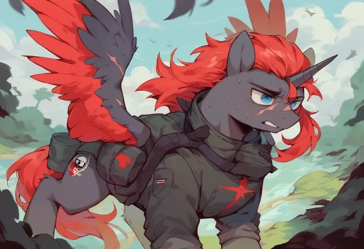 Male alicorn pony, black fur, long red hair, deep blue eyes, red feathers on wings, scar over left eye, red striping, vietnam-era helicopter pilot uniform, boonie hat, in a swamp, explosion in background, sweating, close-up portrait 