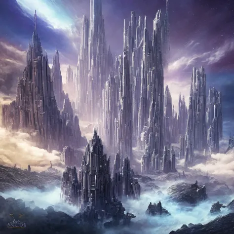 A huge fantastical sci-fi city, aether city, floating aerial metropolis,Skyscrapers、Daytime，Huge construction，Super huge waterfall，Super huge temple，Super huge torii，mysterious，Fantasy， towering skyscrapers, massive waterfall, celestial planets in the sky,...