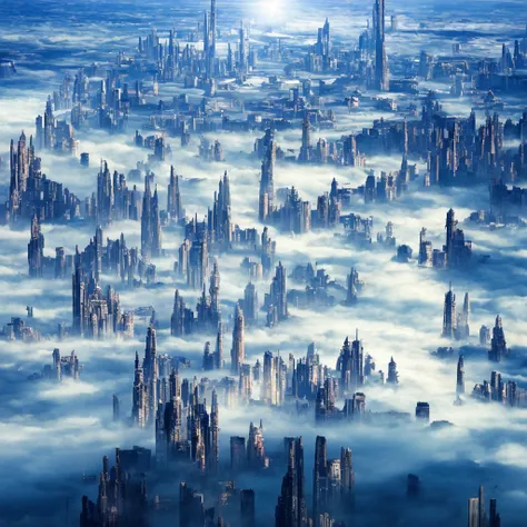 A huge fantastical sci-fi city, aether city, floating aerial metropolis,Skyscrapers、Daytime，Huge construction，Super huge waterfall，Super huge temple，Super huge torii，mysterious，Fantasy， towering skyscrapers, massive waterfall, celestial planets in the sky,...